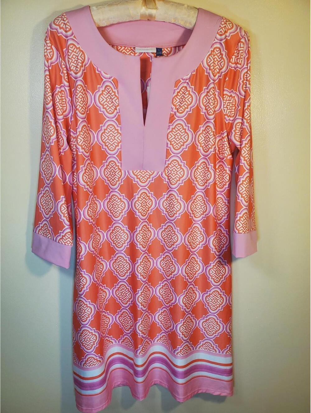 Cabana life V-neck long sleeve, pink/orange geo shift dress Beachy Casual large